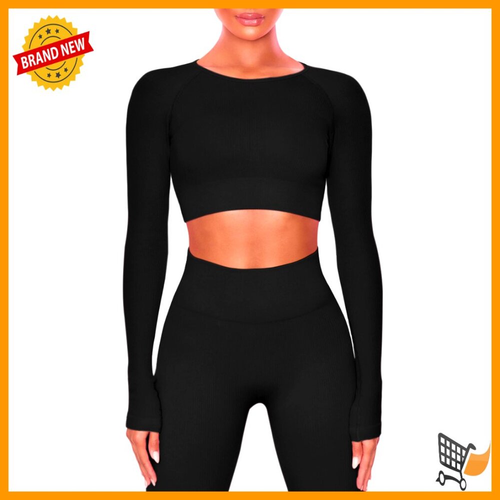 Seamless Ribbed Workout Set Long Sleeve Crop Top High Waist Leggings